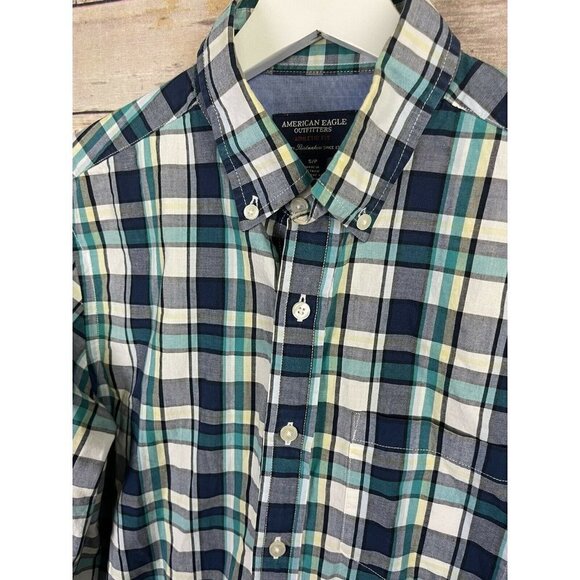 American Eagle Mens Small Athletic Fit Plaid Button Down Shirt Blue White Yellow - Picture 4 of 12